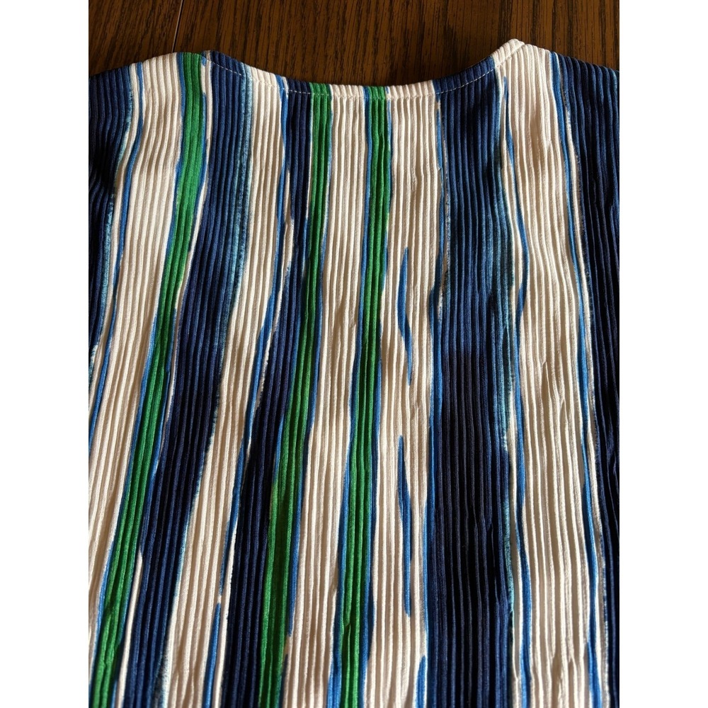 Chicos Women Blouse Pleated Size 2 Large Blue Green Striped Ruffle Sleeve V-Neck - Picture 9 of 10